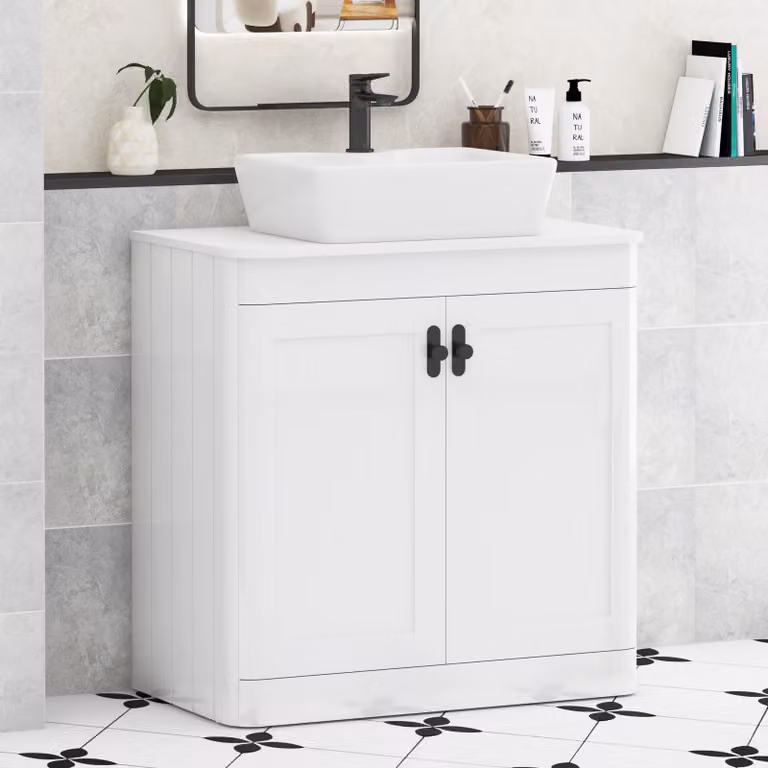 Royal Bathrooms Henley 800mm Gloss White Floor Standing 2 Door Vanity Unit with Plain White Worktop and Matt Black Knob
