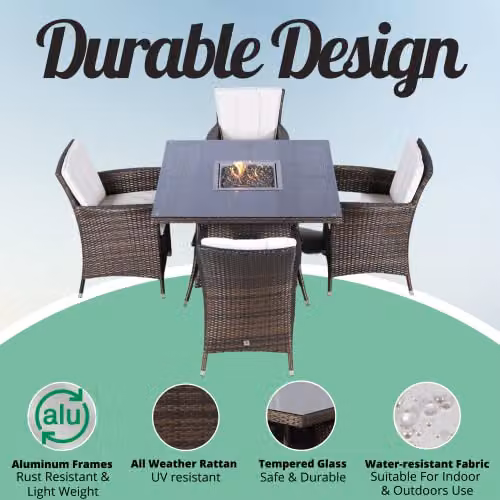 Giardino Savannah 4 Seater Rattan Fire Pit Dining Set in Brown, Square W/D: 110 x 110 cm – 3