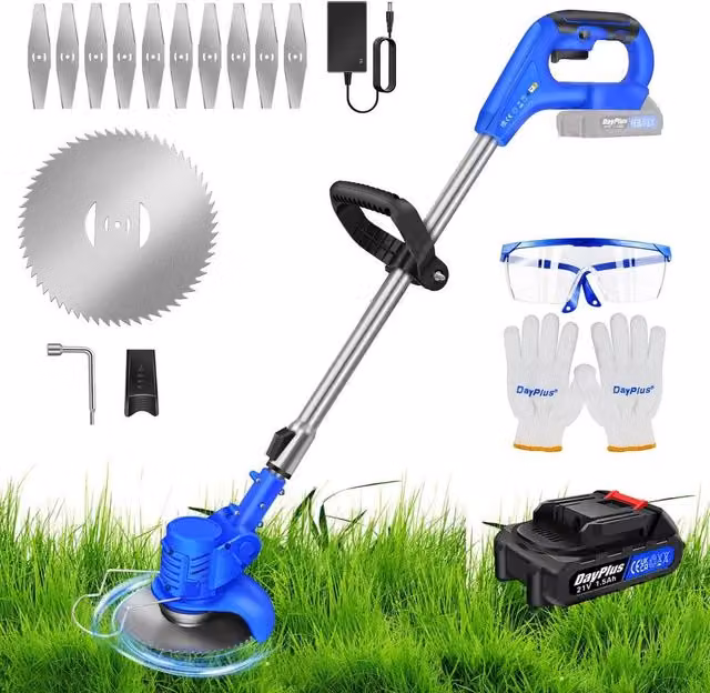 EONLION Cordless Electric Grass Trimmer in Blue with 21V Rechargeable Battery and Spare Battery – 1