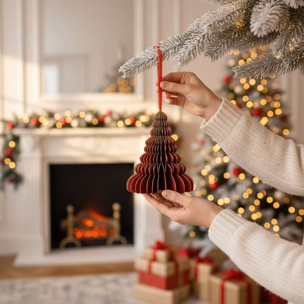 Four Candle Set of 6 Red and Gold Handmade Paper Tree Hanging Christmas Pendants – 2