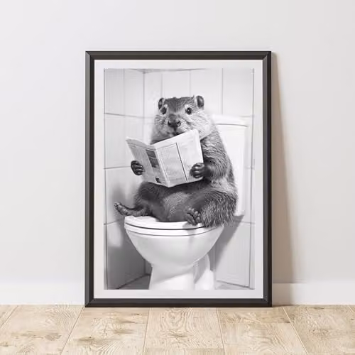60 Second Makeover Beaver On The Toilet Animal Print Paper Poster, Multicolour, W: 21.0 cm, H: 29.7 cm