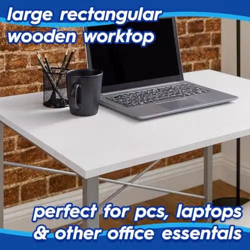 Harbour Housewares Modern White and Silver Computer Desk with Wood and Metal Finish – 3