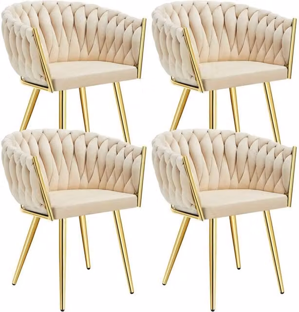 tectake Astano Dining Chair Set of 4 in Light Sand Velvet with Black Metal Frame