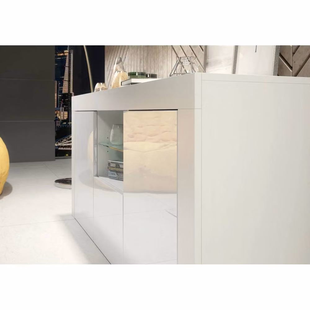 SPETLEK Modern Glossy White TV Unit and Sideboard Storage Cabinet with Glass Details – 3