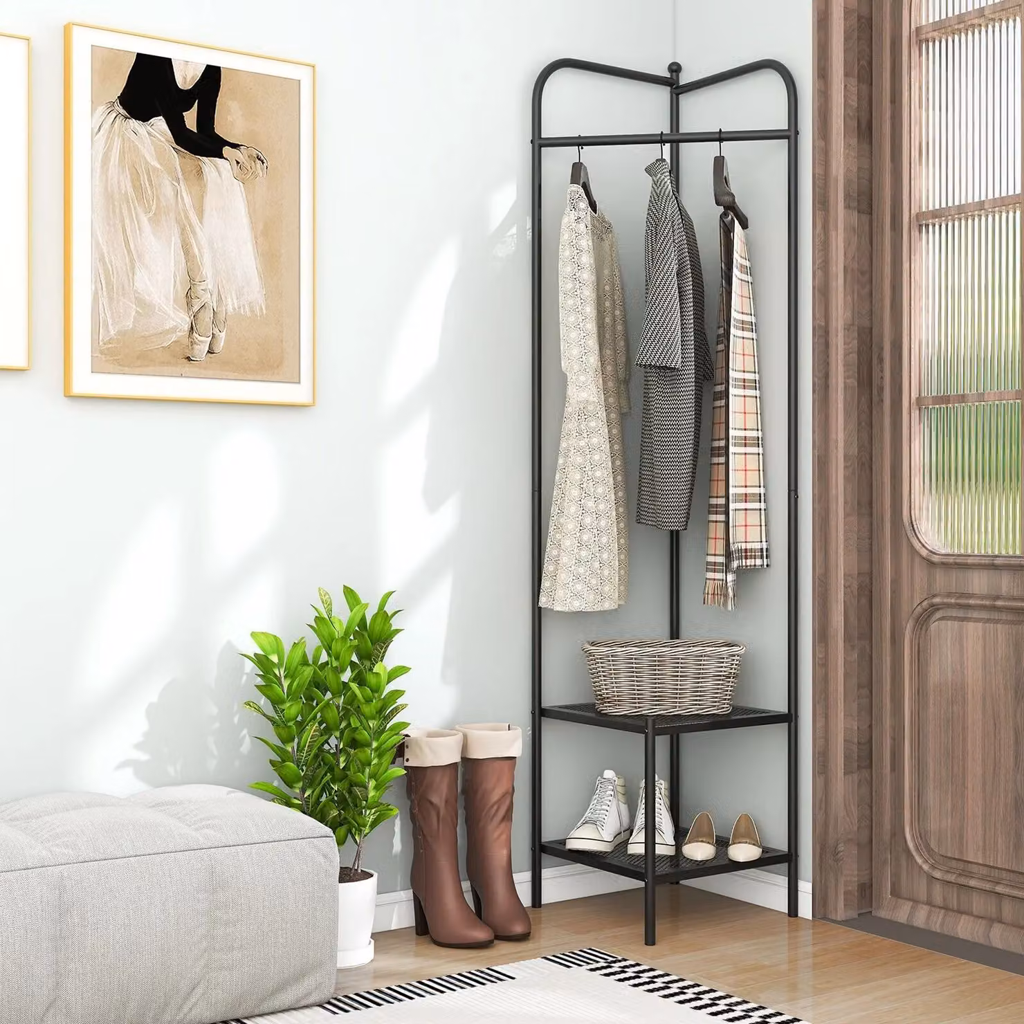 Costway Black Corner Coat Rack Hall Tree with Bench and Metal Storage Organiser – 3