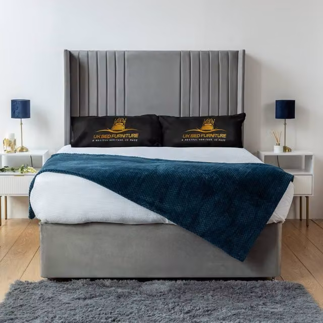 UK Bed Furniture Skyline Wingback Divan Bed Base with 54 Inch Headboard in Grey, Size: 180 x 200 cm