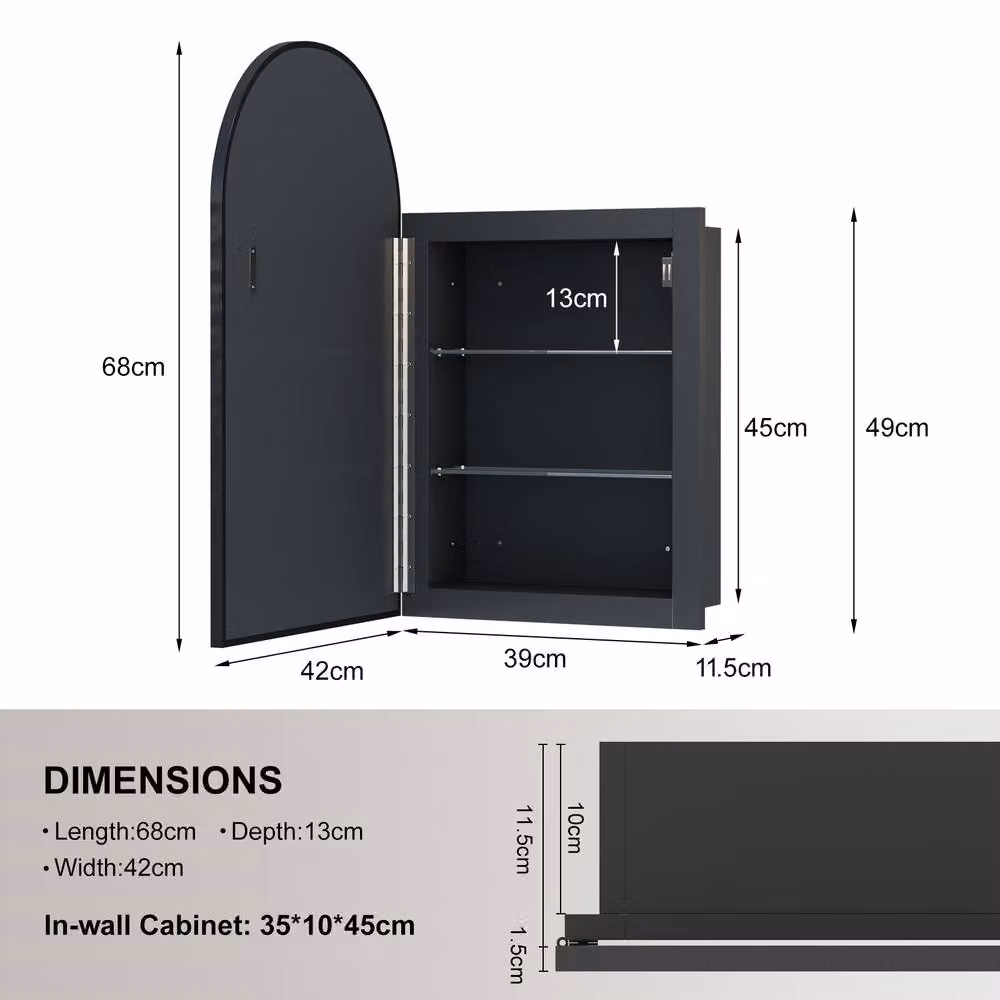 KEEPREAPER Modern Arch Bathroom Mirror Cabinet with Black Metal Frame and Glass Doors, W: 42 cm, H: 68 cm – 4