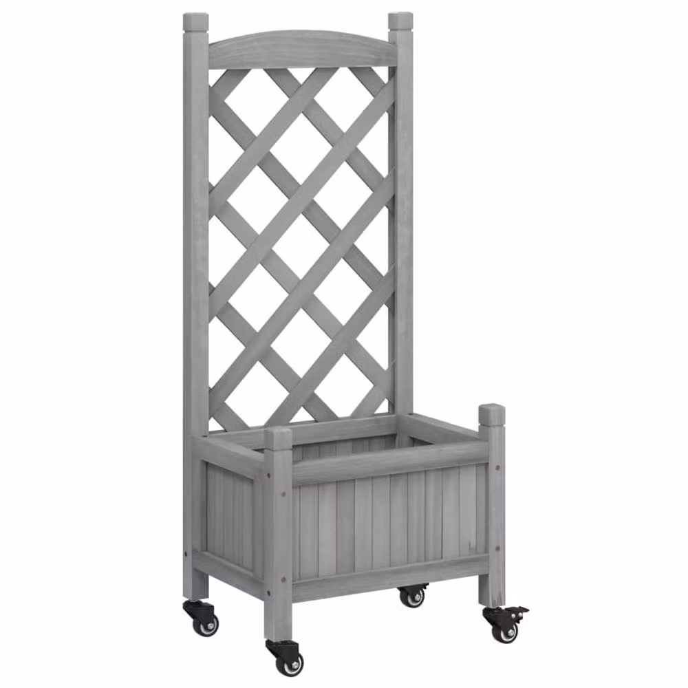 Berkfield Home Grey Solid Wood Fir Planter with Trellis and Wheels – 2