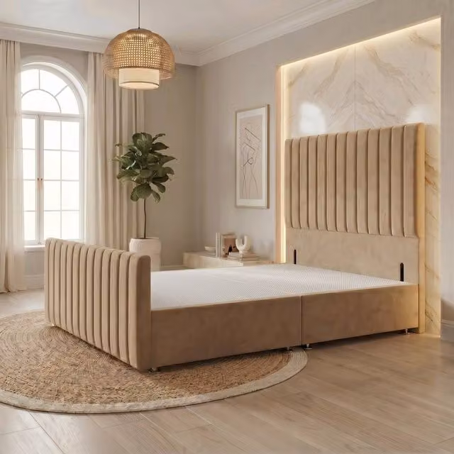 Somnior Eleanor Velvet Divan Base with Headboard and Footboard, Beige, W/D/H: 90 x 190 x 55.88 cm
