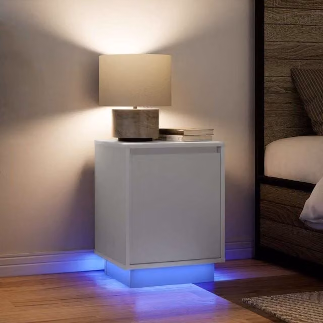Berkfield Home Set of 2 White Glossy Bedside Cabinets with Integrated LED Lights, W/D/H: 38 x 34 x 50 cm