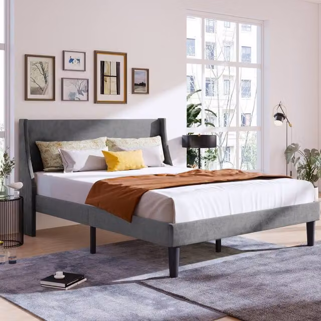 Merax Grey Velvet Upholstered Wingback Double Bed Frame W/D/H: 135 x 190 cm – 1