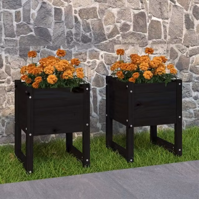 Berkfield Home Set of 2 Black Solid Wood Pine Planter Tubs, W: 40 cm, D: 40 cm, H: 52.5 cm