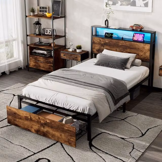 Matteo Metal Single Bed in Black with LED Light Strip, Storage Drawer and USB/Type C Ports, W/D/H: 90 x 190 x 105 cm