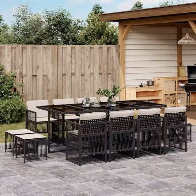 Berkfield Home 13 Piece Black Poly Rattan Garden Dining Set with Glass Table and Weather Resistant Cushions – 1