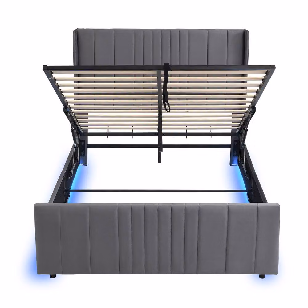 Matteo Grey Velvet Upholstered Ottoman Double Bed with LED Under-Bed Lighting and Lift-Up Storage W: 140 cm, D: 190 cm, H: 135 cm – 7