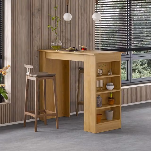 Decortie Modern Rectangular Kitchen Bar Dining Table with 4-Tier Storage in Oak and Grey