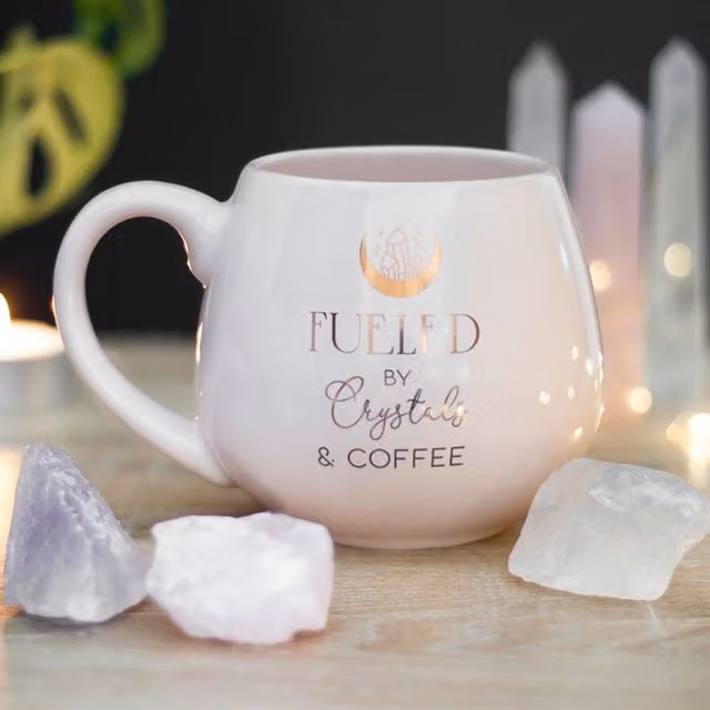 KDMK Fueled by Crystals and Coffee Text Rounded Mug in Pink and Gold, 500 ml