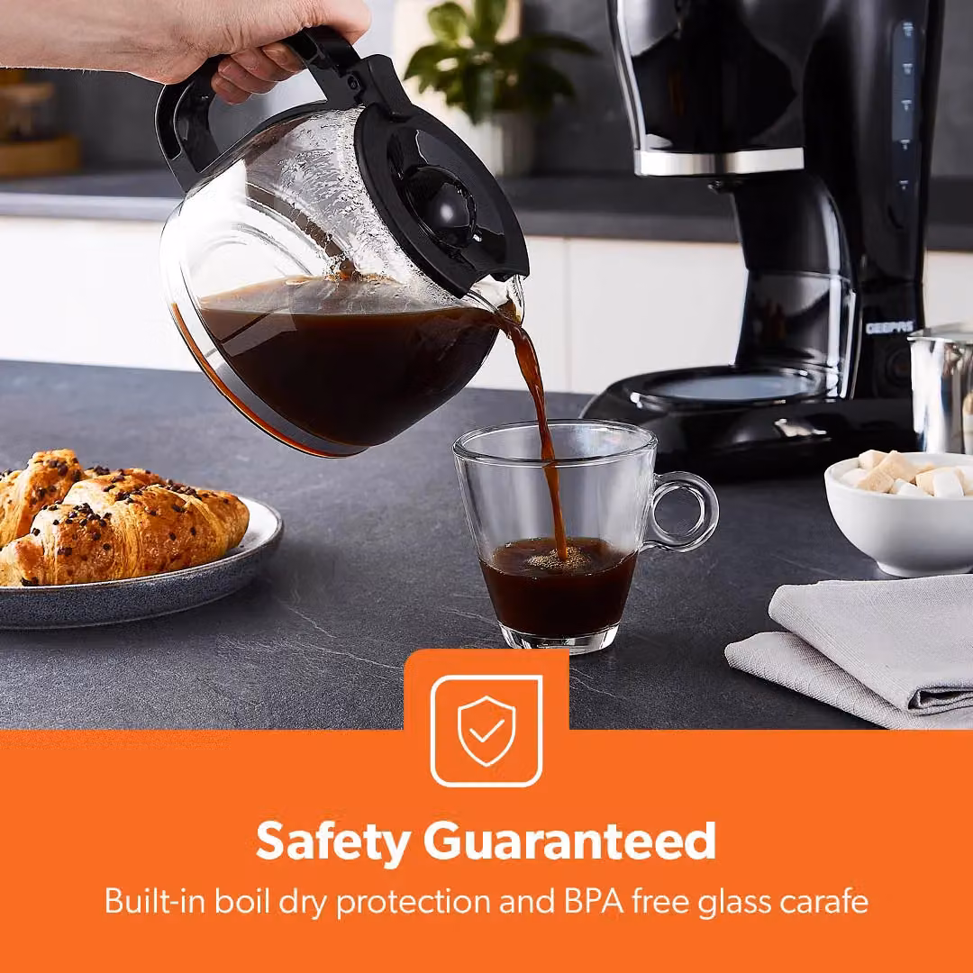 Geepas Filter Coffee Machine with Glass Jug and Auto Shut-Off, Black, 1.5 l – 6