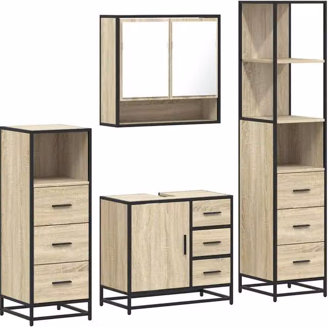 Berkfield Home 4-Piece Industrial Bathroom Furniture Set in Sonoma Oak and Beige – 1
