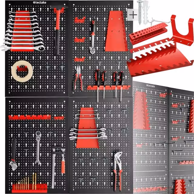 tectake Jonah Tool Pegboard with Hooks and Holders, Steel, Black/Red, Width: 160 cm