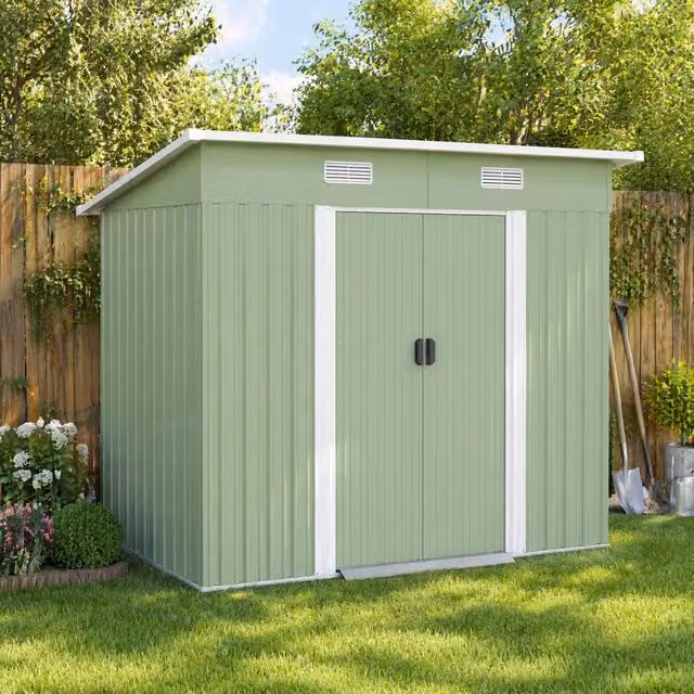 STILVORA Steel Pent Garden Shed with Sliding Door in Green, Height: 207 cm