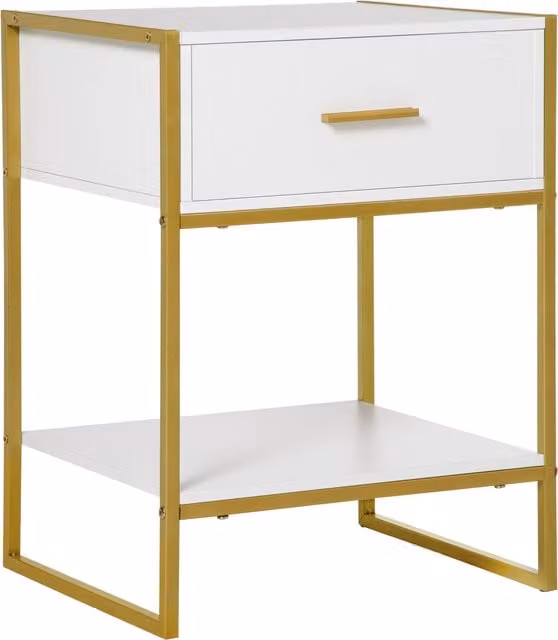 HOMCOM Contemporary Bedside Cabinet with Drawer and Shelf in White and Gold – 1