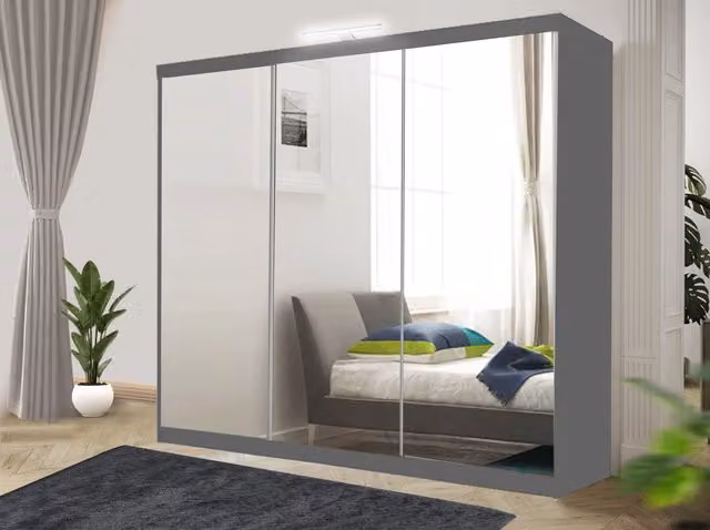 RAC3 Modern Grey Sliding Mirror Wardrobe with Integrated LED Lighting and Drawers, Width: 250 cm