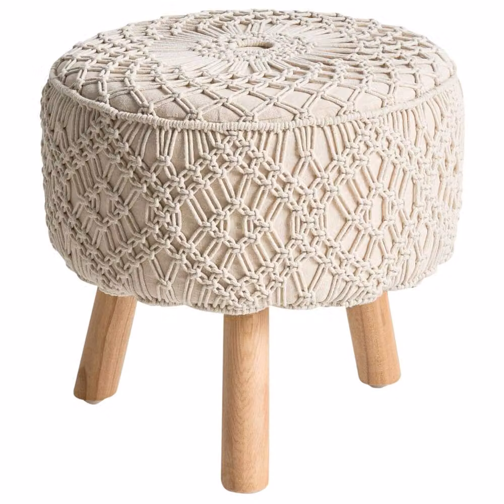 Wyld and Coco Beige Macramé Cotton Footstool with Wood Frame W/D/H: 40 x 40 x 44 cm – 2