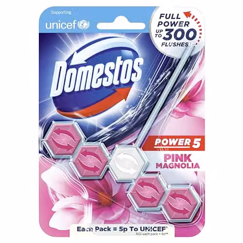 Domestos Power 5 Pink Magnolia Toilet Rim Block, 55 g – 1