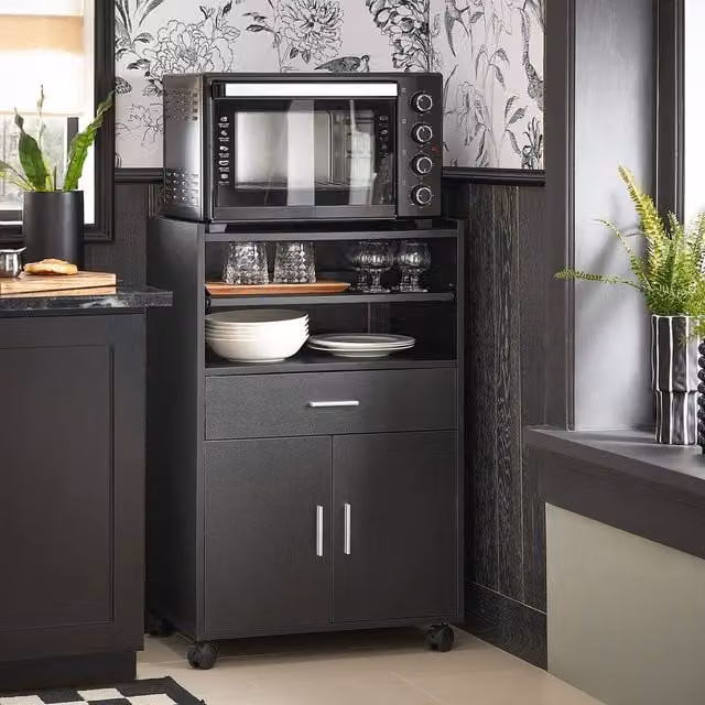 SoBuy Modern Kitchen Trolley with Pull-Out Shelf and Lockable Wheels in Matt Black