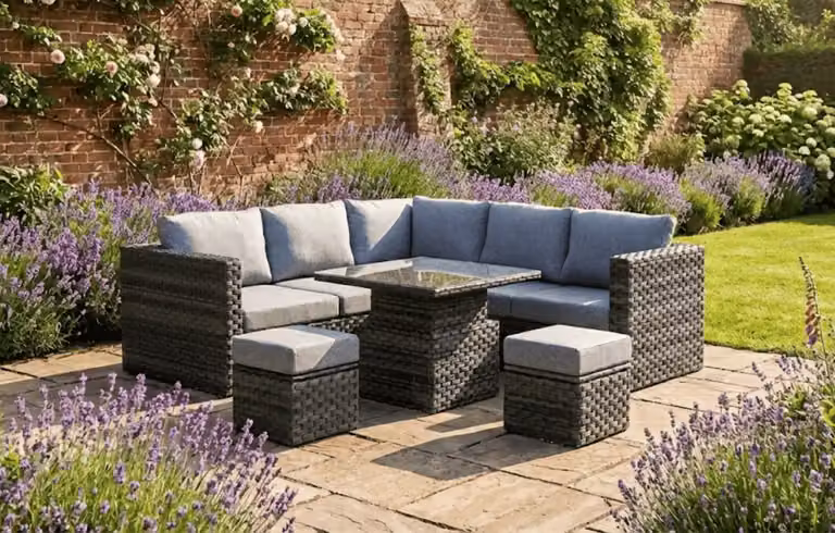 MINT Outdoor Lima 7-Seater Grey Rattan L-Shape Garden Corner Sofa Set with Ottoman, Coffee Table and Weatherproof Cushions