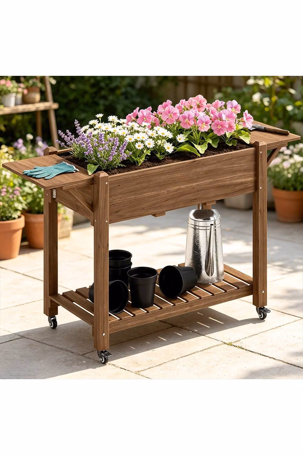ERGOVEXA Wooden Raised Planter with Shelves in Brown Carbonised Finish – 2