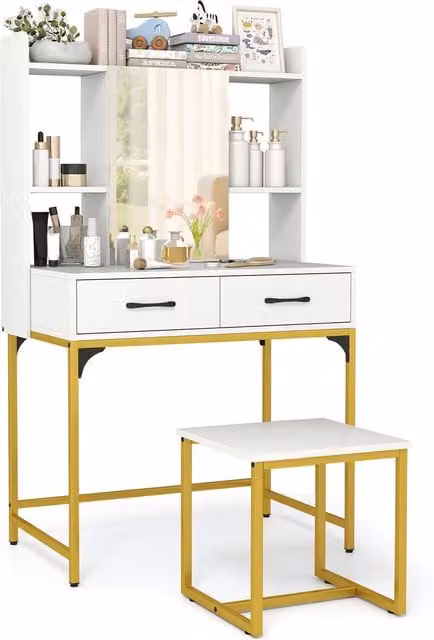Costway Modern White Wide Makeup Dressing Table with Power Outlets – 1