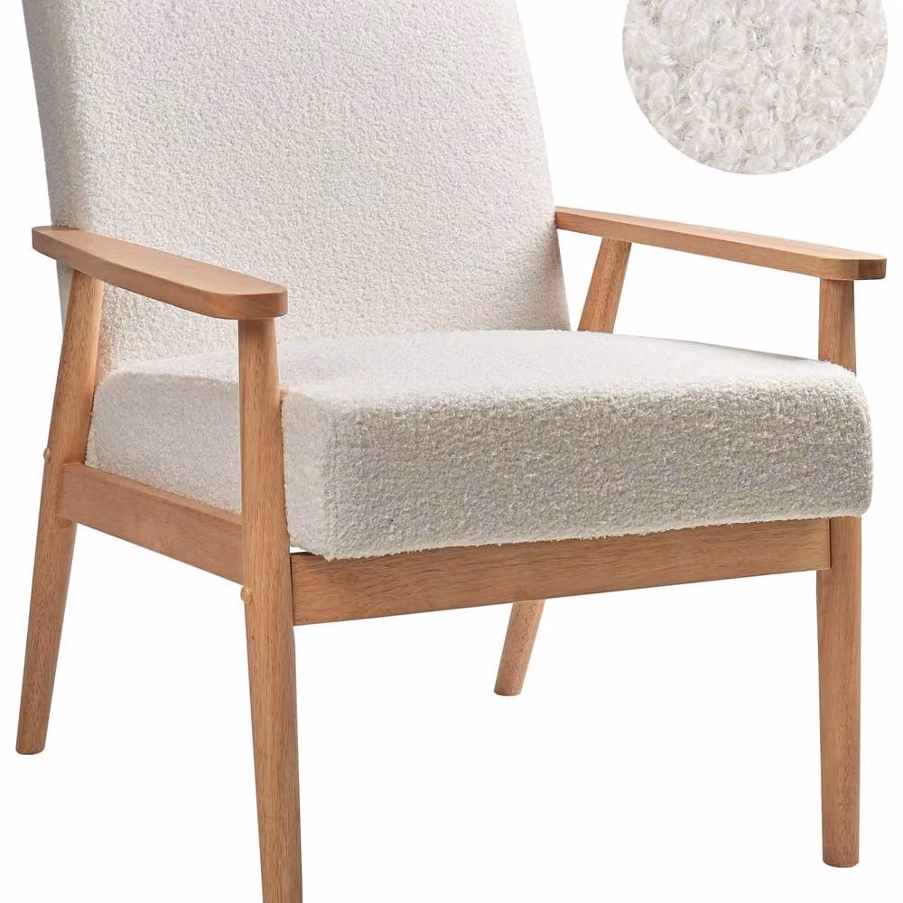 Wyld and Coco Off-White Bouclé Armchair with Rubberwood Frame, W: 62 cm, D: 80 cm, H: 79 cm – 2