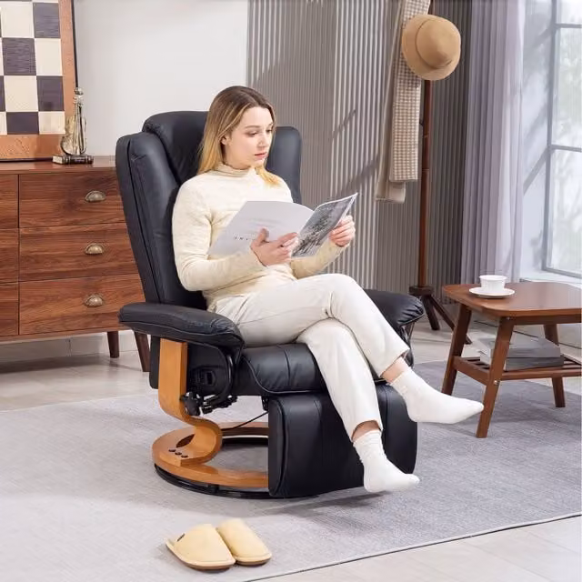 HOMCOM Manual Recliner Chair with Footrest, Adjustable Backrest and Swivel Function, Black Synthetic Leather