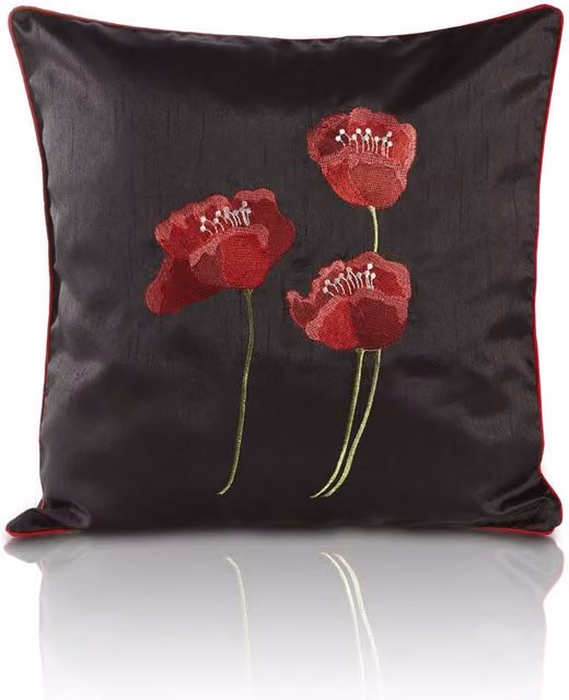 Terrys Floral Poppies Silk Filled Square Cushion, Black and Red, W/D/H: 45 x 45 x 45 cm