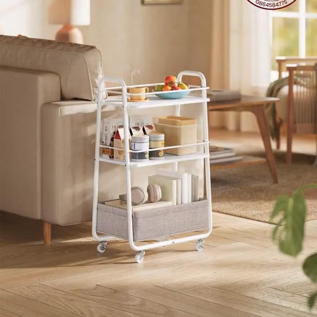 VASAGLE White Storage Trolley with Fabric Basket and Metal Frame, W: 43 cm, D: 30 cm, H: 81 cm