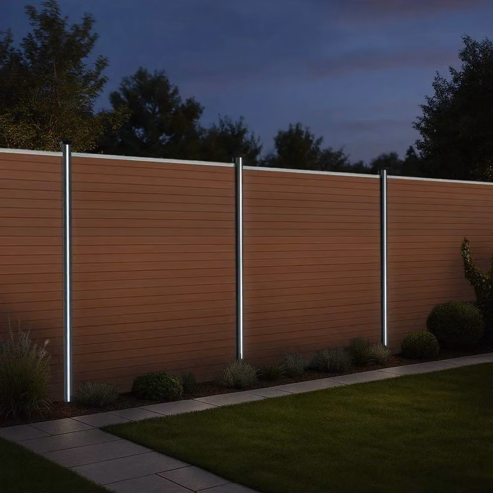 Monstershop Composite Fence Panel and Aluminium Post Set with Solar Powered LED Lighting, Brown Wood Grain, W: 353 cm, H: 185 cm – 4