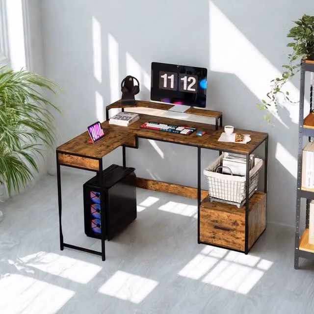 Furnold Industrial L Shaped Corner Computer Desk with Storage Drawer and Monitor Stand in Brown and Black, W/D/H: 137.5 x 110 x 76.5 cm