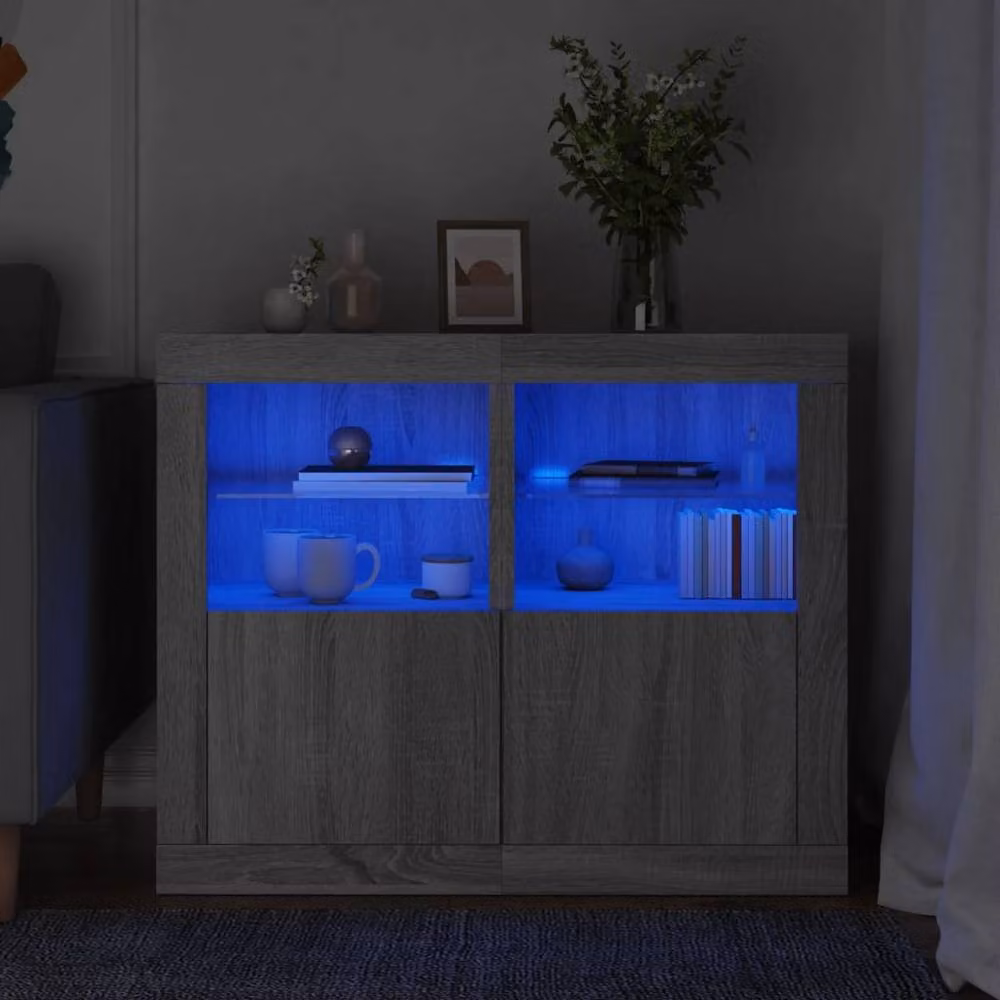 Berkfield Home Set of 2 Grey Sonoma Side Cabinets with Integrated LED Lighting and Glass Doors – 2