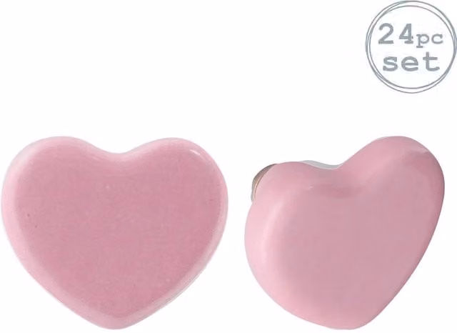 Nicola Spring Polished Ceramic Heart Design Cabinet Knobs, Pink, Pack of 24