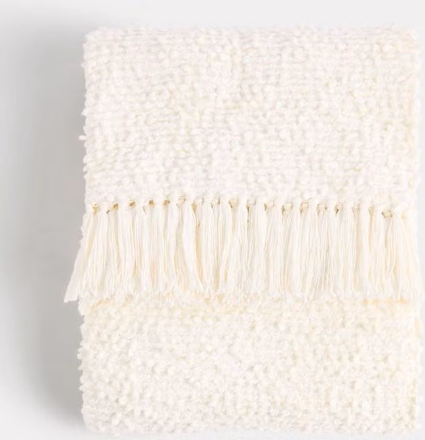 M&S Pure Cotton Bouclé Knitted Throw with Fringes in Cream