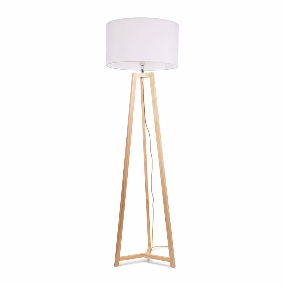 ValueLights Lottie Natural Wood Tripod Floor Lamp with White Fabric Drum Shade and LED Bulb, H 158 cm x W 45 cm x D 45 cm – 2
