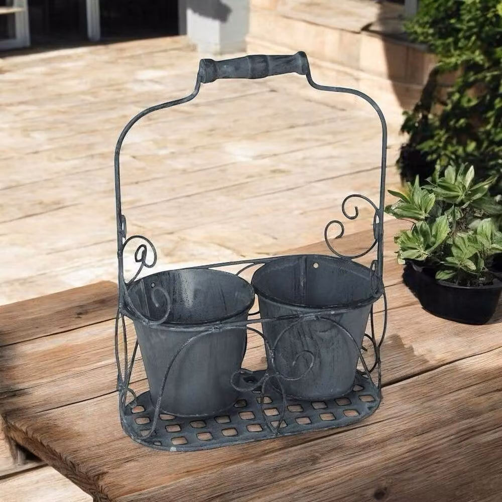 Minster 2 Decorative Metal Basket Pot Planter, Grey, W: 26 cm, H: 34 cm, L: 13 cm – 2