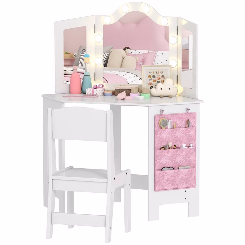 AIYAPLAY Kids Vanity Table and Stool with Lights and Tri-Folding Mirror, White – 2