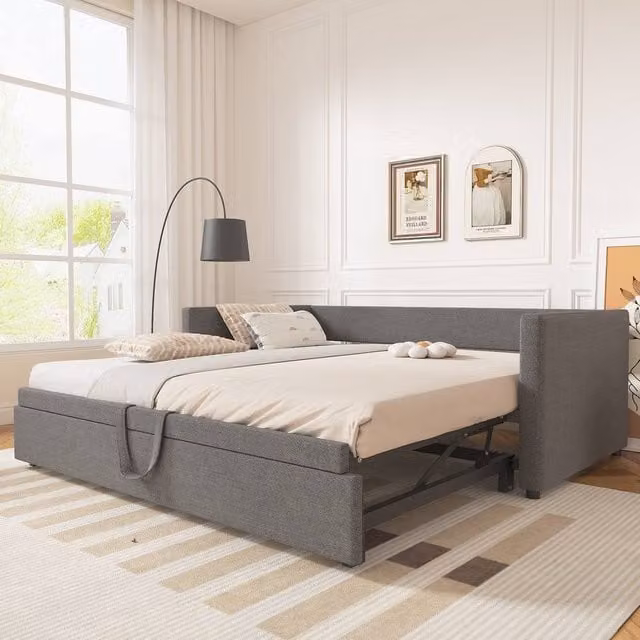 Merax Grey Linen Upholstered Single Daybed with Lift-Up Trundle Bed, W/D/H: 190 x 90 x 73 cm – 1