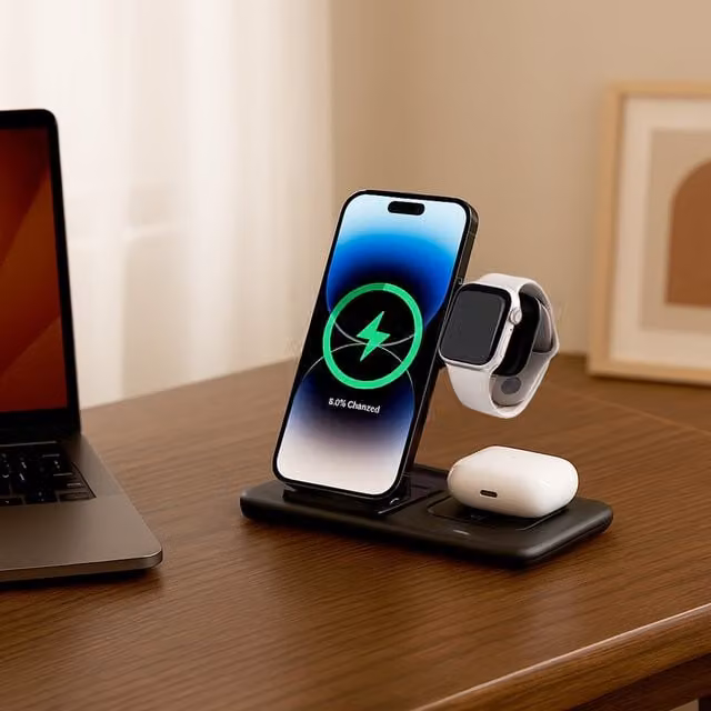Livingandhome 15W 3-in-1 Fast Wireless Charging Station for Apple Devices, Black