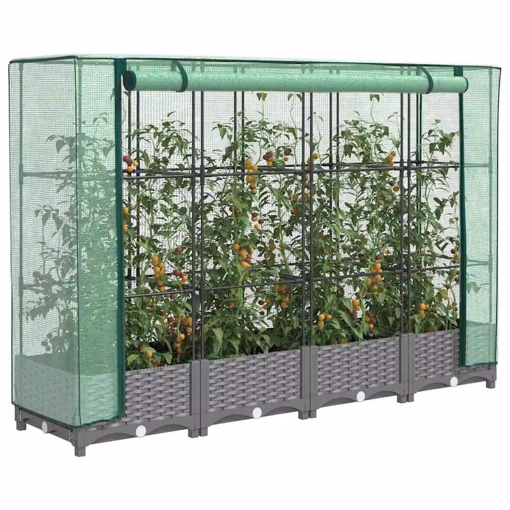 Berkfield Home Raised Bed with Greenhouse Cover in Light Grey Rattan Look, W/D/H: 160 x 40 x 123 cm – 2