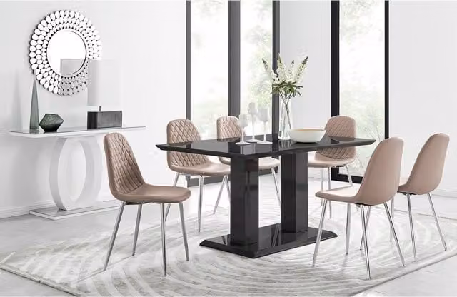 FurnitureboxUK Imperia Black Glass Dining Table and 6 Corona Silver Leg Chairs in Yellow