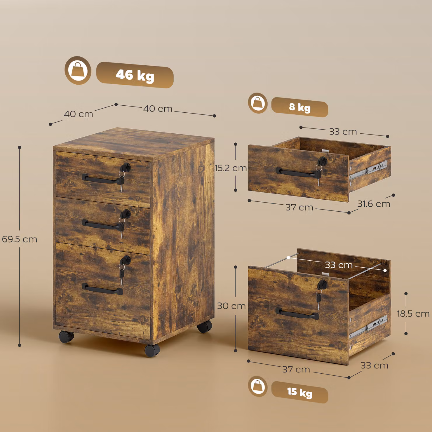 HOMCOM Three Drawer Wood-Effect Filing Cabinet in Rustic Brown and Black – 3